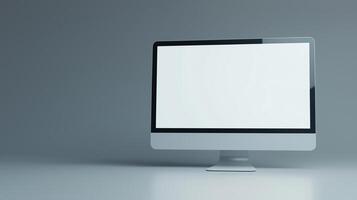 Monitor mockup of modern computer in empty space. Digital device blank screen template advertising image. Powerful pc with mock up display on white desk product photorealistic photo