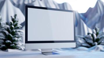Monitor mockup of computer on winter mountains background. Snowy highland and blank pc display template advertising image. Workplace design screen mock up product photorealistic photo