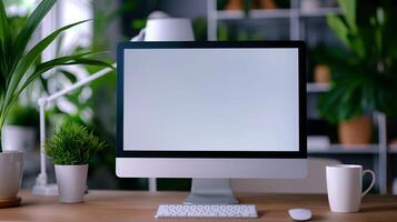 Computer monitor mockup in business company office. Modern workplace with pc on desk template advertising image. Office environment with screen mock up product photorealistic photo