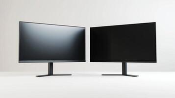 Pc displays mockups in empty light room. Computer equipment for business and entertainment template advertising image. Digital displays mock up in store product photorealistic photo