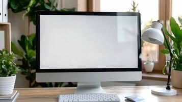 Mockup monitor and lamp on office desk. Modern digital equipment with computer display template advertising image. Workplace arrangement mock up screen product photorealistic photo