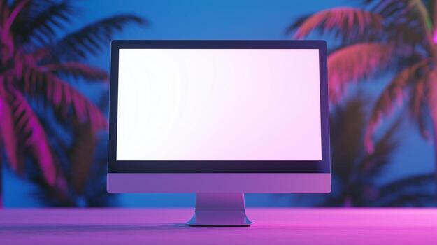 Monitor mockup against palm trees in neon light. Modern pc display on exotic paradise backdrop template advertising image. Digital display mock up on table product photorealistic photo