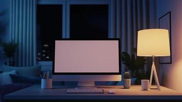Evening home office with computer monitor mockup. Cozy domestic atmosphere with pc display template advertising image. Working late with screen mock up product photorealistic photo