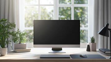 Computer monitor mockup on desk near window. technology for work and study at home template advertising image. Cozy office arrangement with display mock up product photorealistic photo