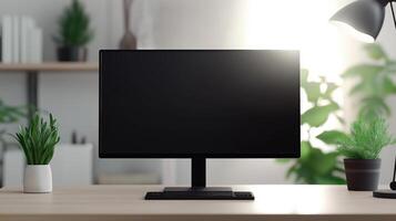 Powerful computer monitor mockup in sunny home office. Modern workplace equipment on desk template advertising image. Business and education device mock up product photorealistic photo