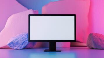 Computer monitor mockup against glaciers. Modern digital technology empty display template advertising image. Hardware equipment screen mock up in workplace product photorealistic photo