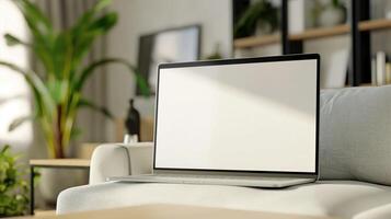 Laptop with mockup screen on sofa. Notebook computer with blank display in living room template advertising image. Modern technology internet mock up screen product photorealistic photo