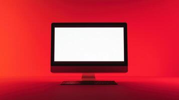 Glowing monitor mockup in red space. Computer equipment presentation with display template advertising image. Digital electronic device mock up screen product photorealistic photo