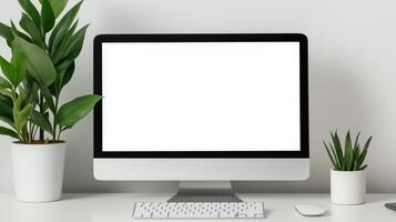Modern monitor mockup with items on desk. Office employee workplace with computer display template advertising image. Digital business mock up screen product photorealistic photo