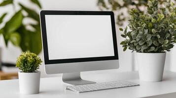 Mockup display of computer in office workspace. E commerce technology in corporate setting template advertising image. Pc display mock up on white desk product photorealistic photo