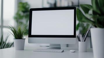 Organized workplace with computer monitor and houseplants mockup. Modern pc in company office template advertising image. Digital technology screen mock up product photorealistic photo