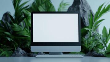 Monitor mockup with rocks and tropical leaves. Office electronics in jungles setting template advertising image. Computer display mock up and wild nature product photorealistic photo