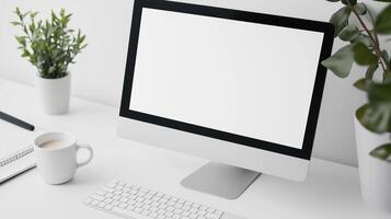 Computer screen mockup with coffee cup and houseplants. Business technology device on desk template advertising image. Office workplace screen mock up product photorealistic photo