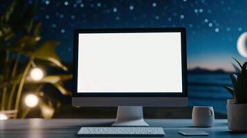 Pc monitor mockup in evening home office. Radiating coziness workplace with computer display template advertising image. Device screen mock up on desk product photorealistic photo