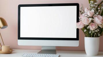 Festive bouquet near computer display mockup. Modern pc with roses and baby breath composition template advertising image. Office device screen mock up product photorealistic photo