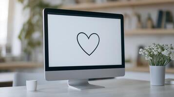 Computer display mockup with heart on desk. Modern pc with fresh flowers in home office template advertising image. Romantic design of device screen mock up product photorealistic photo