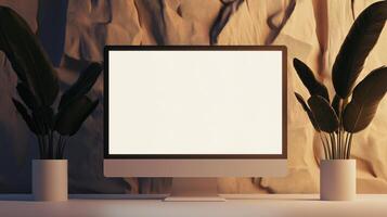Houseplants and computer monitor mockup near rock wall. Stylish office workplace device display template advertising image. Workspace with display mock up product photorealistic photo