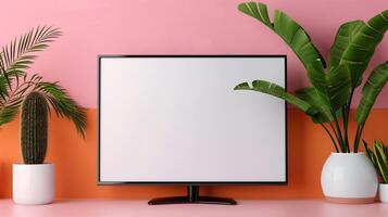 Tropical plants and pc monitor mockup on pink background. Cozy freelancer workplace with computer template advertising image. Productivity mock up screen product photorealistic photo