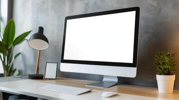 Home workplace with modern pc display mockup. Computer on desk with arranged office essentials template advertising image. Work atmosphere with monitor mock up product photorealistic photo