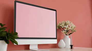 Modern computer display mockup with floral elements. Business digital technology in workplace template advertising image. Devise screen mock up and flowers product photorealistic photo
