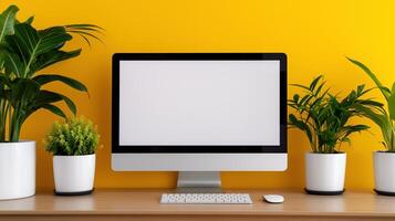 Computer mockup with growing houseplants on yellow background. Equipped office workplace with pc template advertising image. Lcd screen mock up on desk product photorealistic photo