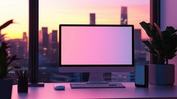 Monitor mockup of powerful pc in office. Empty workplace computer equipment at sunset template advertising image. Business technology mock up screen product photorealistic photo