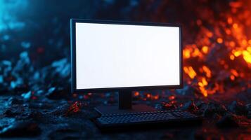 Monitor mockup against dramatic lava background. Videogame concept with modern pc template advertising image. Gaming adventure with computer display mock up product photorealistic photo