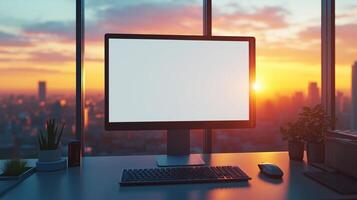 Mockup computer on corporate workplace at sunset. Commercial activity internet technology in twilight office template advertising image. Pc display mock up product photorealistic photo