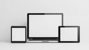Computer and tablets mockup screens on white backdrop. Connecting personal devices for data exchange template advertising image. Digital devices mock ups product photorealistic photo