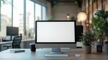Working computer monitor mockup in office setting. Commercial technology integration with pc display template advertising image. Workplace screen mock up product photorealistic photo
