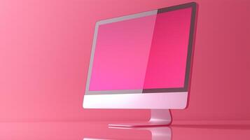 Modern monitor mockup in vibrant pink space. Electronics store pc display template advertising image. Gaming equipment with mock up screen presentation product photorealistic photo