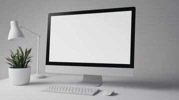 Minimalist office workplace with computer monitor mockup. Lamp, houseplant and pc with blank screen template advertising image. Workspace with display mock up product photorealistic photo