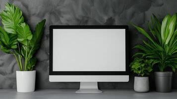 Computer monitor mockup and exotic houseplants at workplace. Home office design with empty pc display template advertising image. Mock up screen in interior product photorealistic photo
