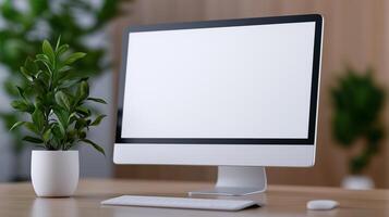 Lcd monitor mockup and houseplant on desk. Office environment arrangement with computer display template advertising image. Digital screen mock up on table product photorealistic photo