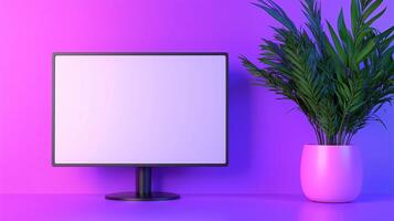 Pc monitor mockup with pot plant in pink neon light. Modern office atmosphere with computer template advertising image. Stylish workplace with lcd display mock up product photorealistic photo