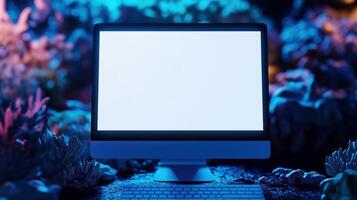 Monitor mockup on underwater background. Office equipment modern pc with blank screen template advertising image. Digital display mock up nature backdrop product photorealistic photo