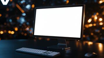 Monitor mockup in night office setting. Corporate working environment with pc in evening template advertising image. Digital device with mock up display product photorealistic photo