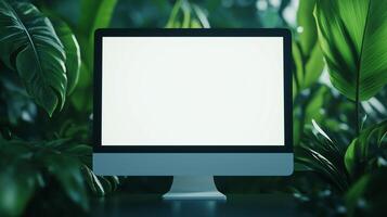 Glowing computer screen mockup in rainforest. Wild exotic nature and modern technology template advertising image. Pc display mock up in tropical jungles product photorealistic photo
