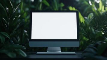 Exploring wild jungles with computer monitor mockup. Digital technology in virgin nature template advertising image. Pc display glowing mock up and plants product photorealistic photo