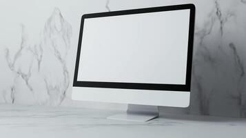 Simple office workplace with computer monitor mockup. Pc display template near white marble wall advertising image. Minimalist design with screen mock up product photorealistic photo