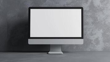 Monitor mockup standing by grey concrete wall. Modern computer equipment with display template advertising image. Digital screen mock up in workplace product photorealistic photo