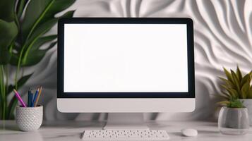 Arranged office workplace with computer display mockup. Using digital technology business template advertising image. Modern pc display mock up on desk product photorealistic photo