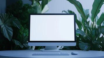 Modern pc monitor mockup and lush exotic plant sin office. Atmosphere for productive work with computer template advertising image. Device display mock up product photorealistic photo