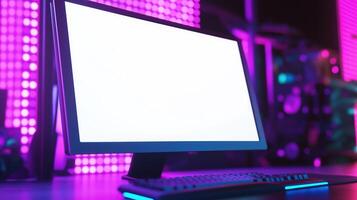 Powerful gaming pc monitor mockup in neon lit room. Playing games on computer template advertising image. Cybersport equipment with display mock up product photorealistic photo