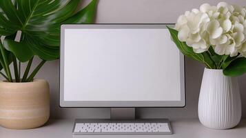 Cozy workplace with mockup computer monitor and plants. Composition with houseplants and pc display template advertising image. Screen mock up on desk product photorealistic photo