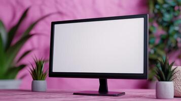Computer display mockup with pot plants in home office. Remote workplace arranging with monitor template advertising image. Digital screen mock up on desk product photorealistic photo