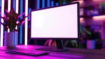 Modern pc monitor mockup with keyboard and houseplant in neon light. Futuristic corporate office with computer template advertising image. Display mock up product photorealistic photo