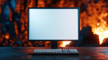 Mockup monitor with keyboard on volcano eruption backdrop. Natural disaster and computer display template advertising image. Equipment with screen mock up product photorealistic photo