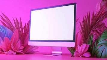 Monitor mockup with exotic leaves and flowers on pink background. Floral decor of computer screen template advertising image. Office technology mock up product photorealistic photo