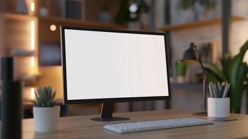 Powerful pc monitor mockup in evening office. Home workplace equipped with modern computer template advertising image. Electronics with screen mock up product photorealistic photo